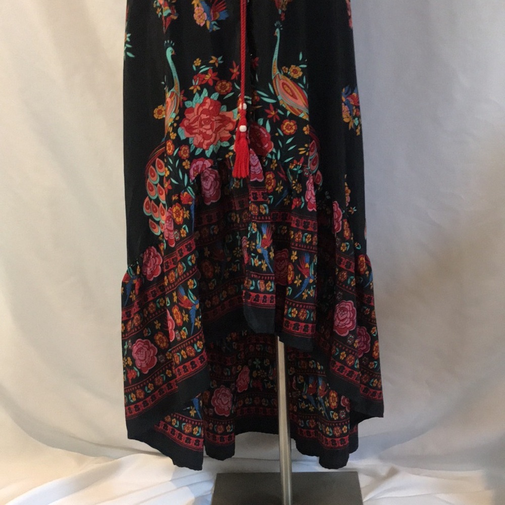 Black floral peacock colorful print short sleeves hi-low maxi dress boho gypsy M - Picture 15 of 16
